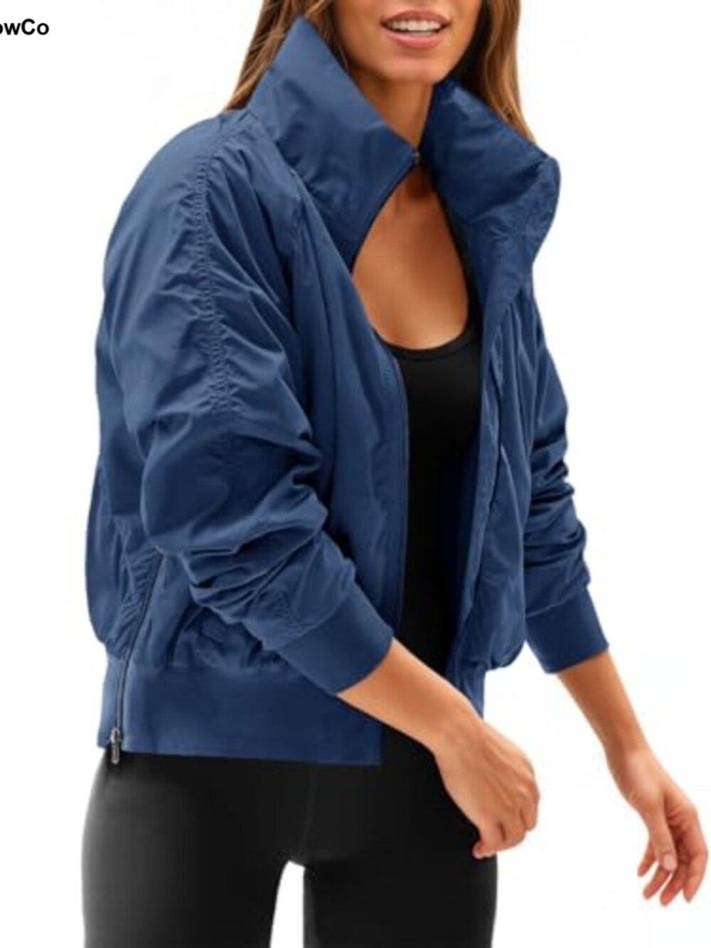 Fisoew Women's Cropped Windbreaker Jacket Long Sleeve Zip Up Hidden Hood Bomber